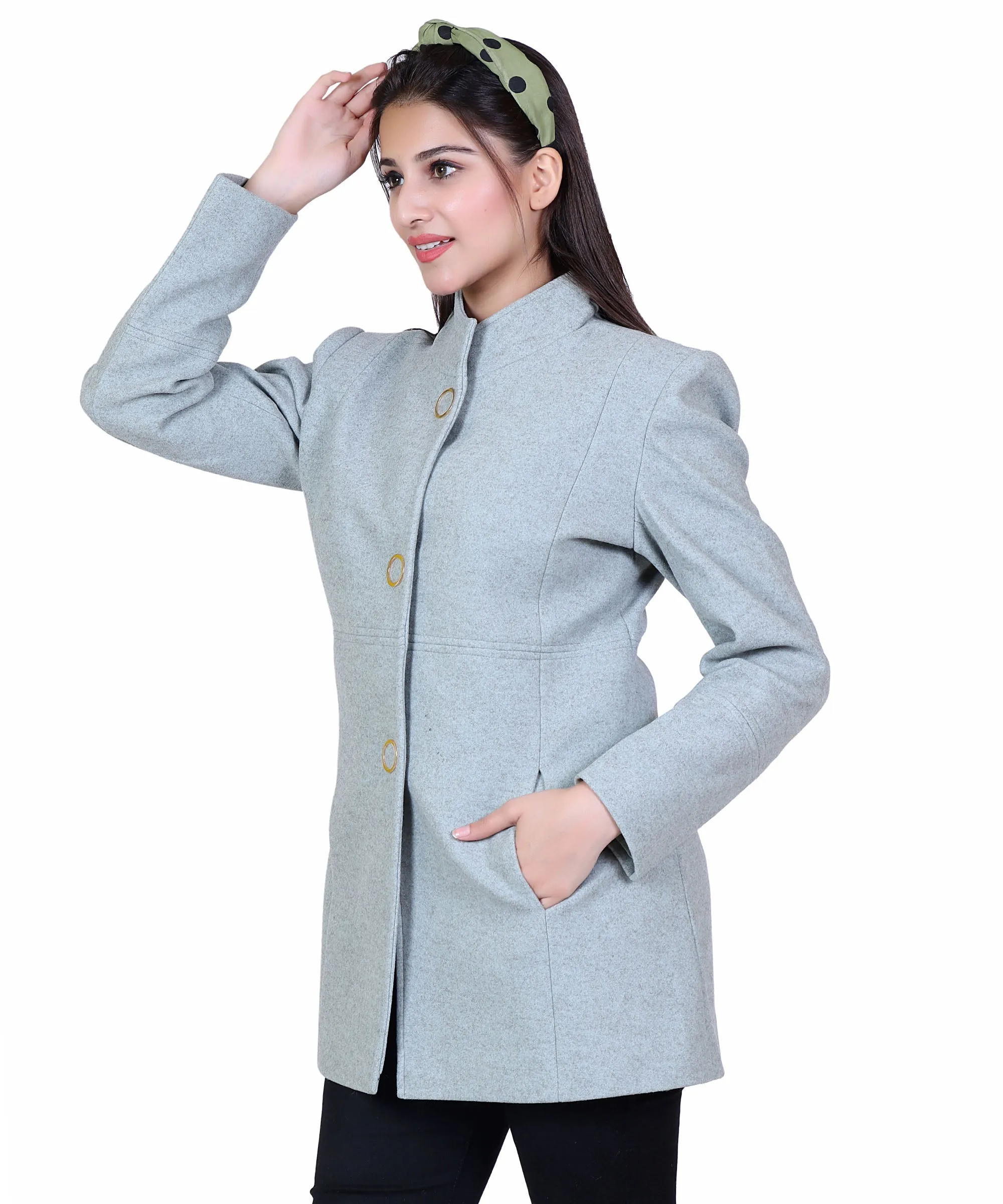 Women Standard Length Wool Blend High Collar Long Sleeve Overcoat