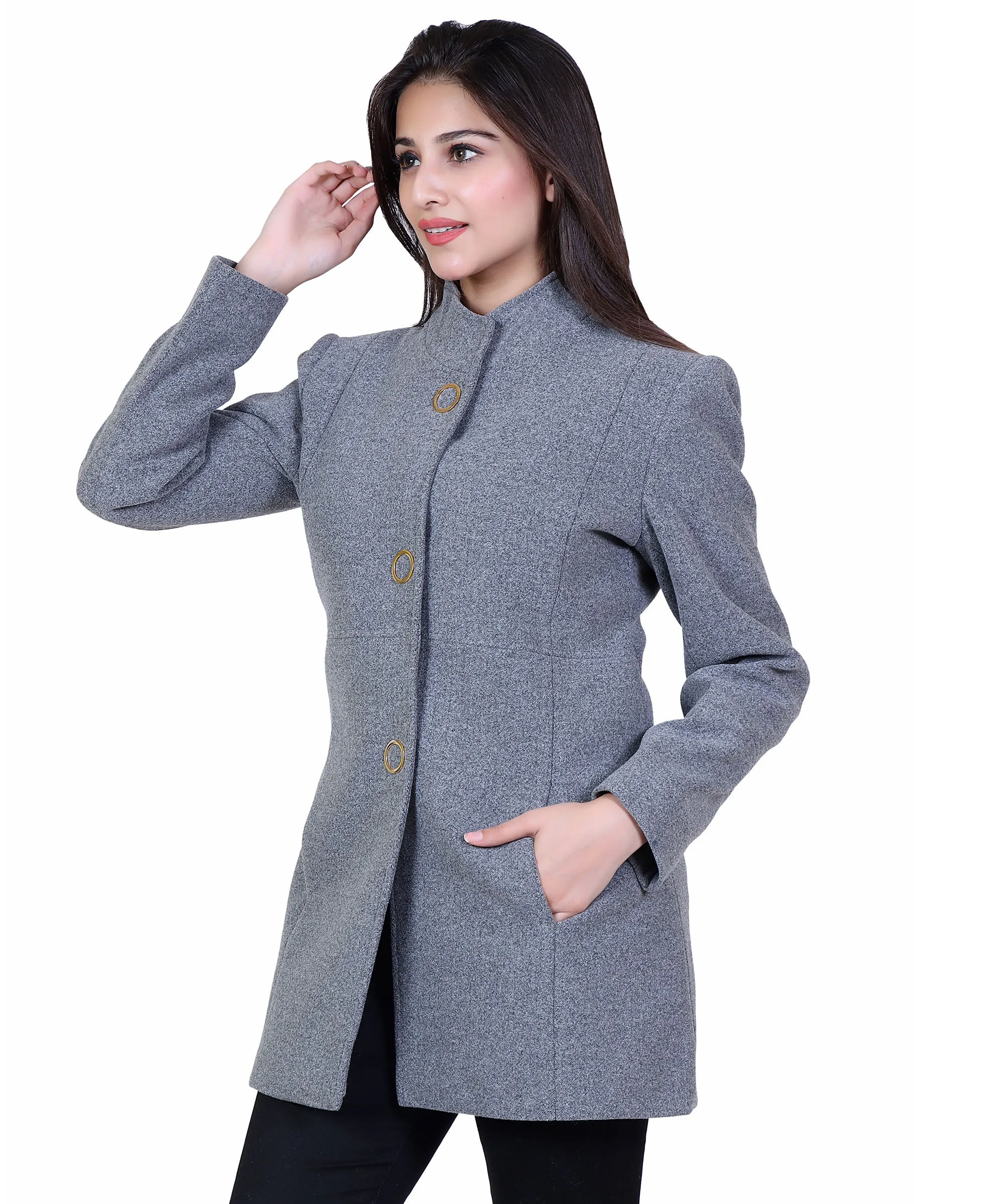 Women Standard Length Wool Blend High Collar Long Sleeve Overcoat