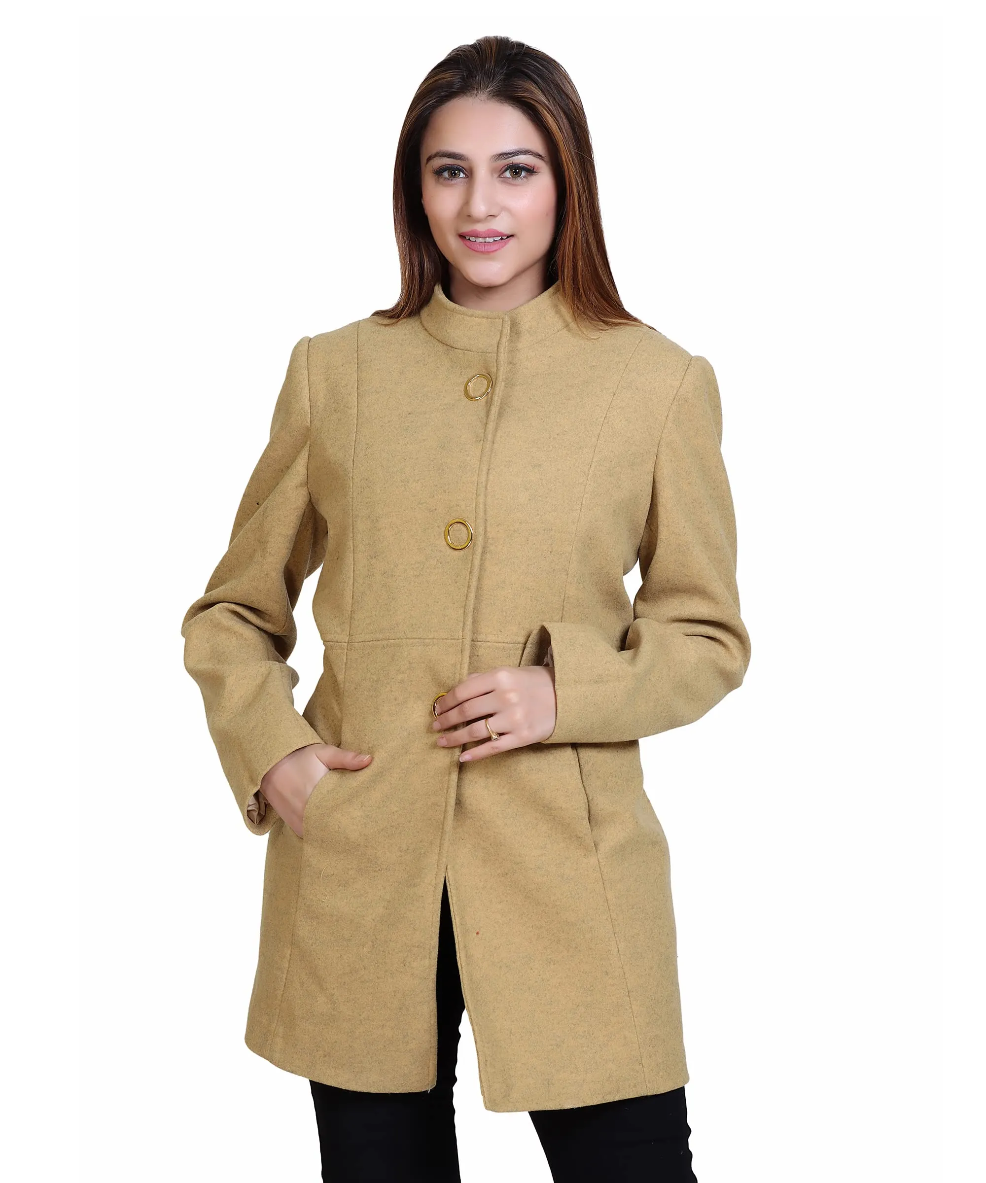 Women Standard Length Wool Blend High Collar Long Sleeve Overcoat