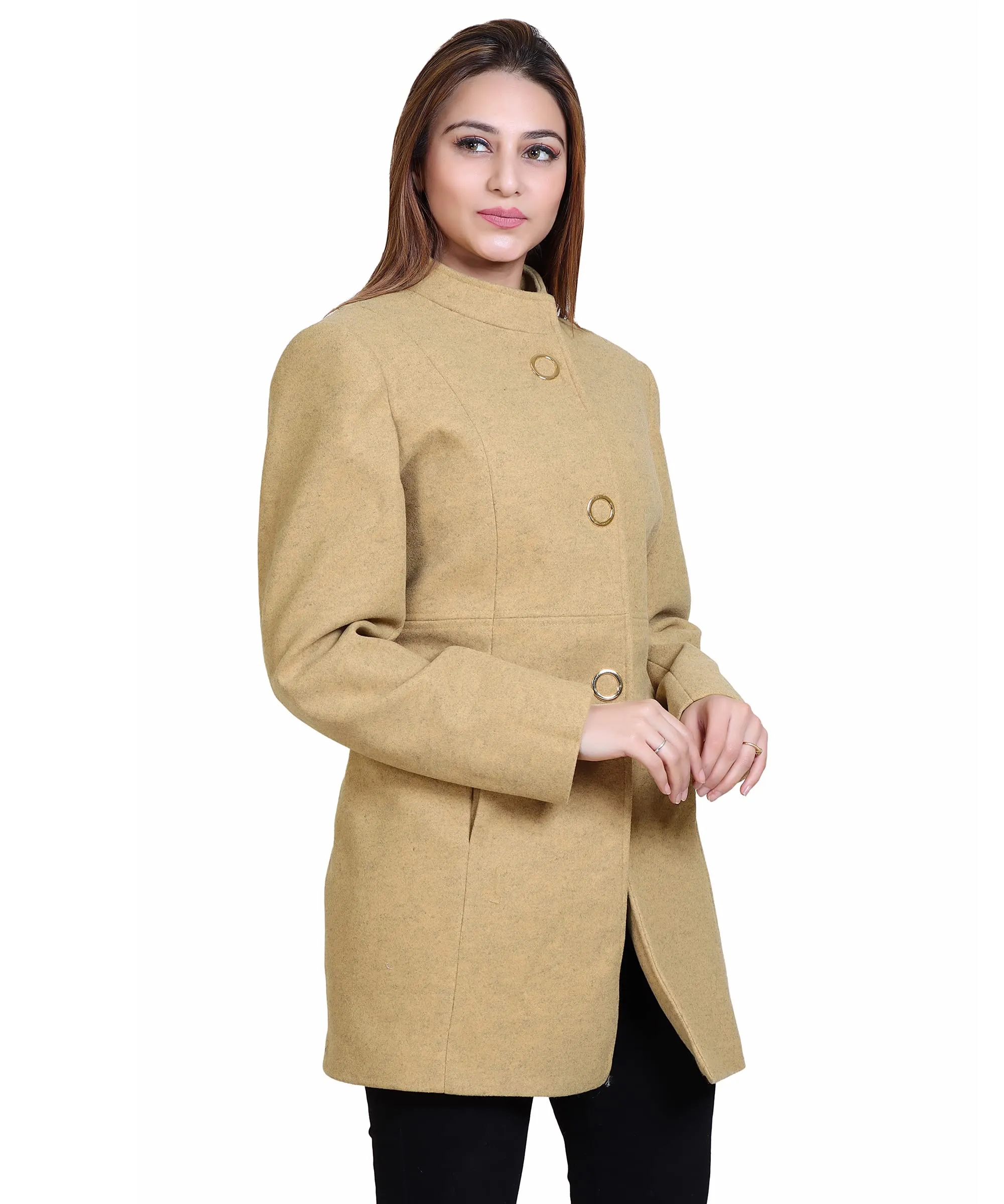 Women Standard Length Wool Blend High Collar Long Sleeve Overcoat