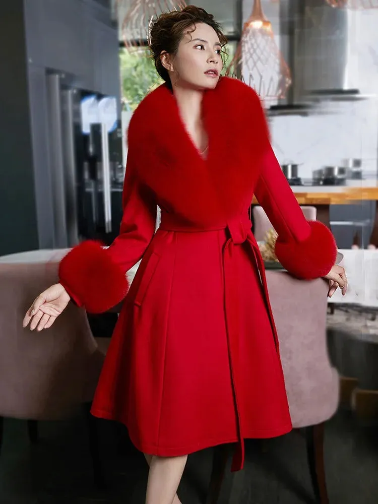 Women Winter Coats Fur Collar Scarf Cuff Set Warm Luxury Overcoat Scarves Shawls Female Elegant Solid Thick red Christmas Coats