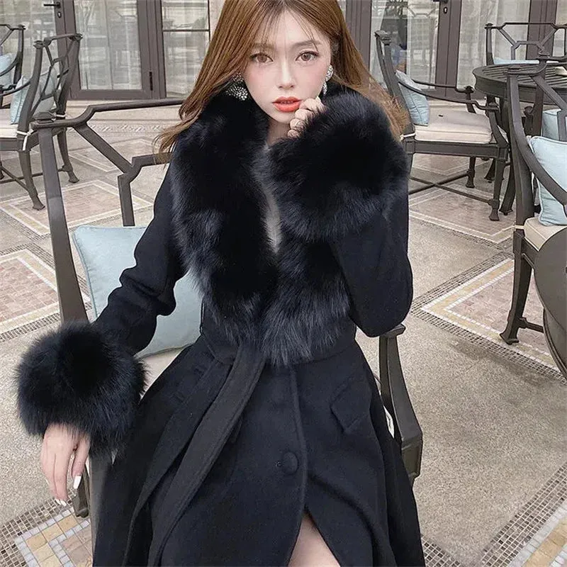 Women Winter Coats Fur Collar Scarf Cuff Set Warm Luxury Overcoat Scarves Shawls Female Elegant Solid Thick red Christmas Coats