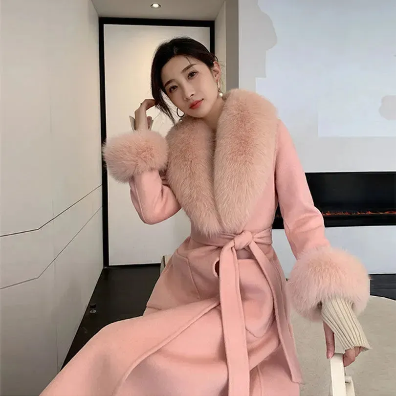 Women Winter Coats Fur Collar Scarf Cuff Set Warm Luxury Overcoat Scarves Shawls Female Elegant Solid Thick red Christmas Coats