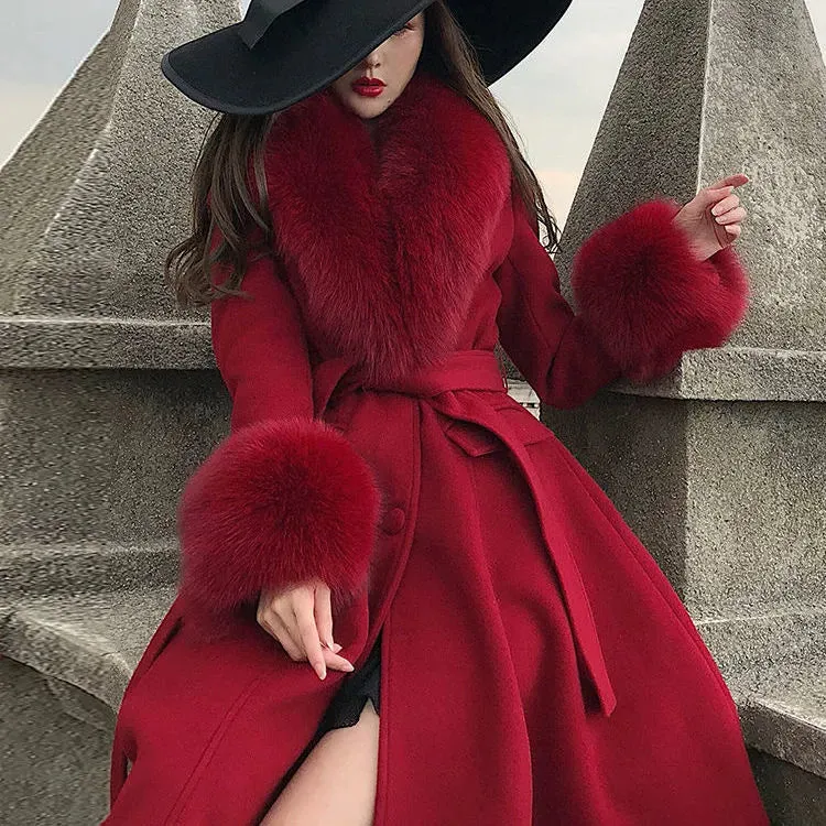 Women Winter Coats Fur Collar Scarf Cuff Set Warm Luxury Overcoat Scarves Shawls Female Elegant Solid Thick red Christmas Coats