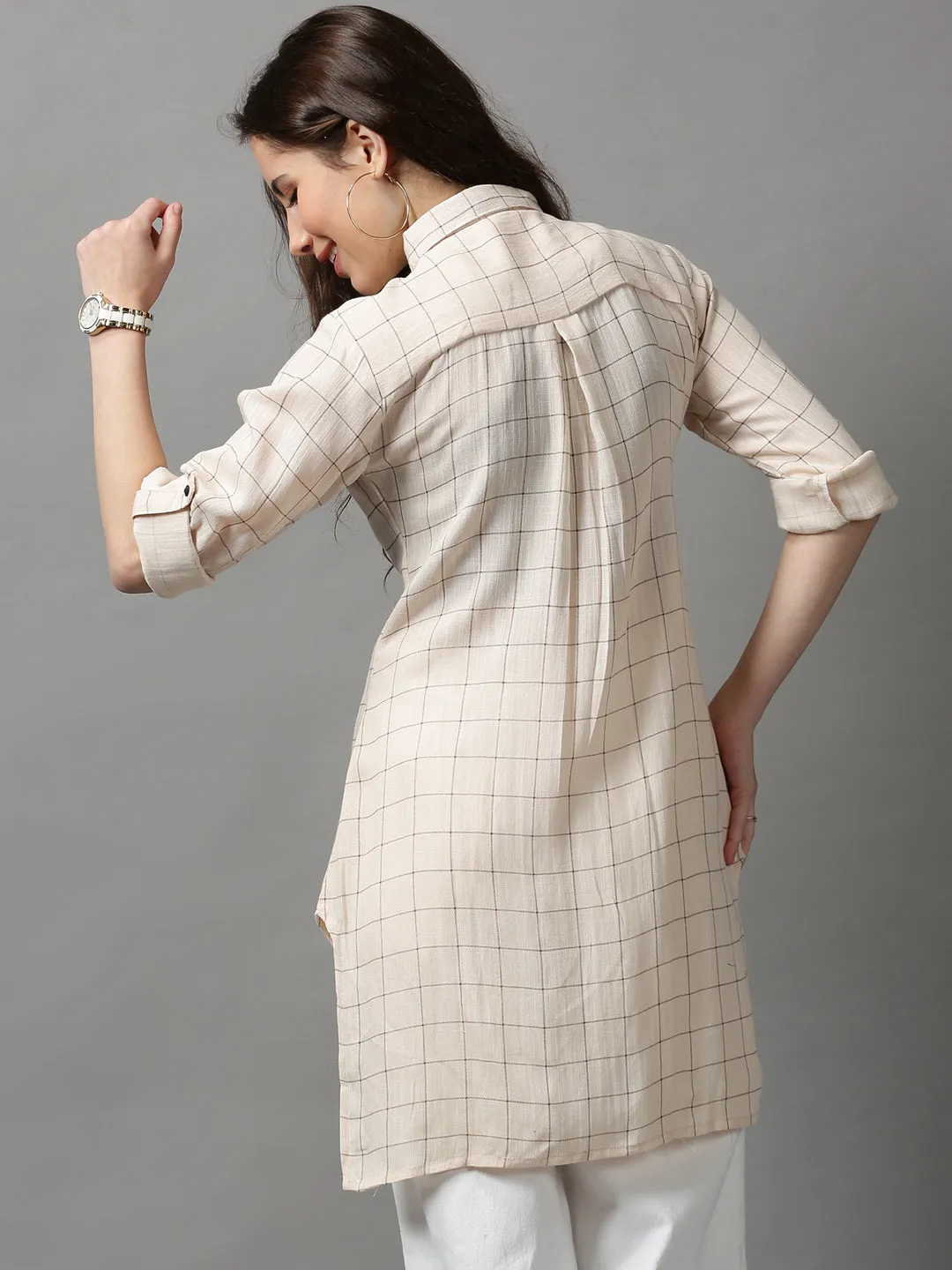 Women's Beige Checked Longline Shirt