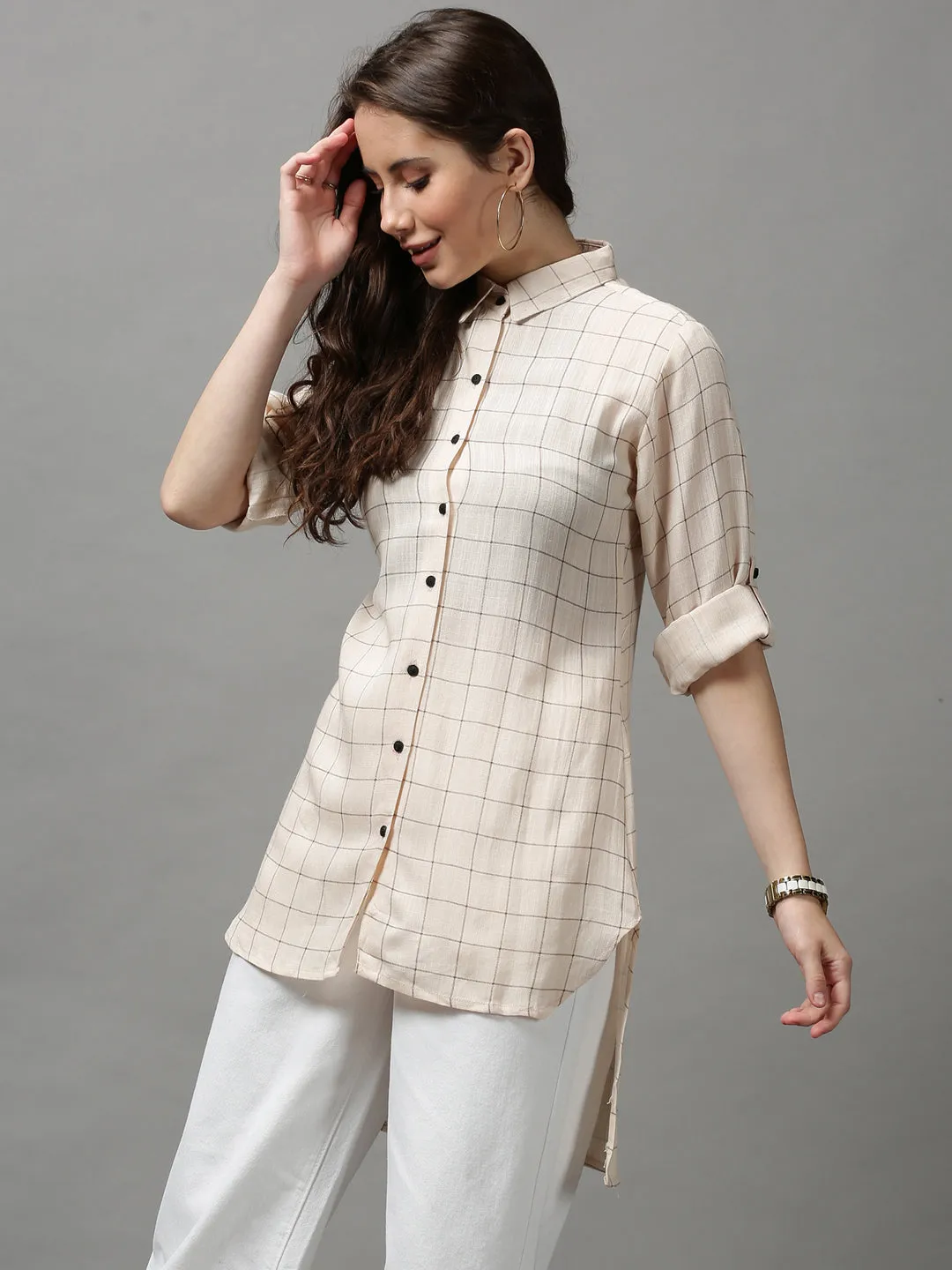 Women's Beige Checked Longline Shirt