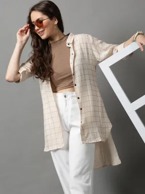 Women's Beige Checked Longline Shirt