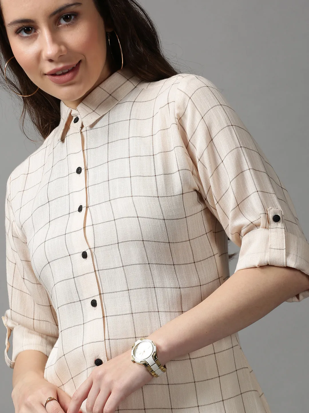 Women's Beige Checked Longline Shirt