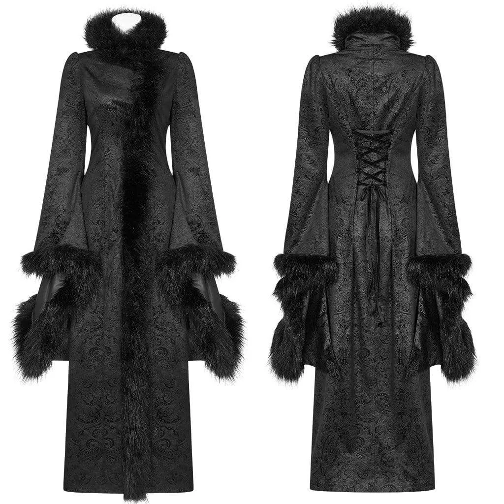 Women's Goth Jacquard Flare Sleeved Woolen Maxi Overcoat With Fur Collar