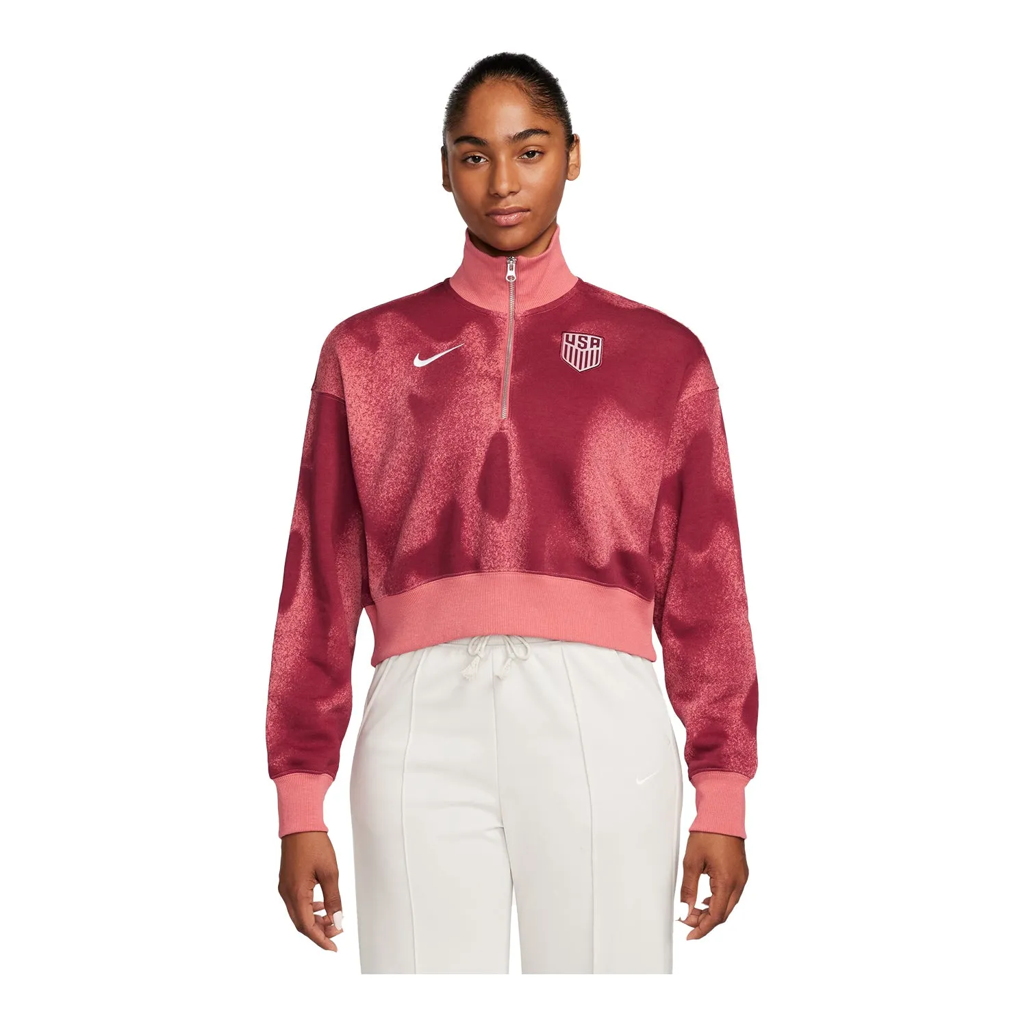 Women's Nike USA Cropped Phoenix Fleece Red 1/2 Zip