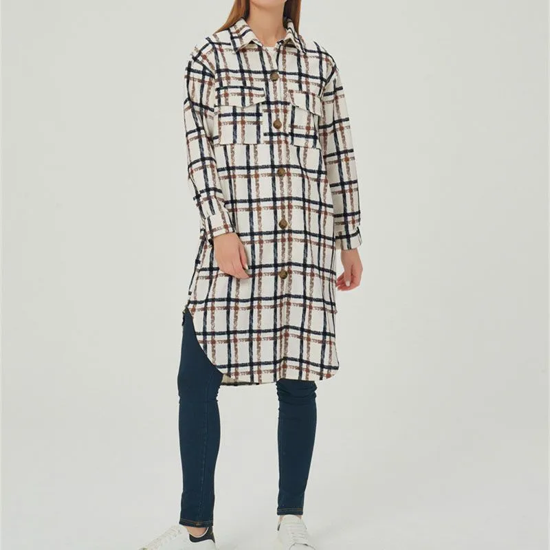 Wool Blend Longline Plaid Shacket Long Checked Overcoat