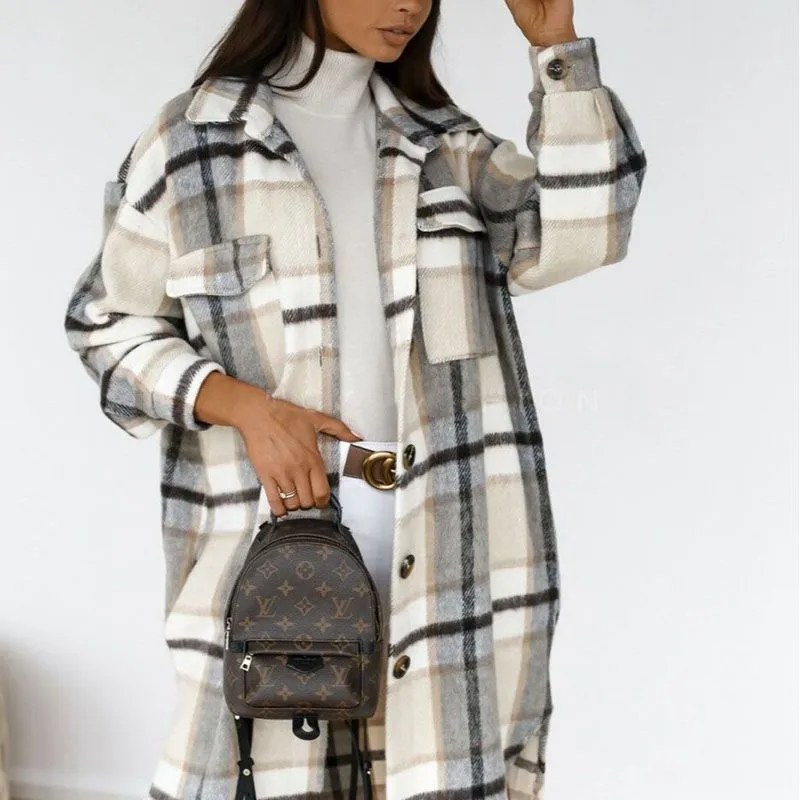 Wool Blend Longline Plaid Shacket Long Checked Overcoat