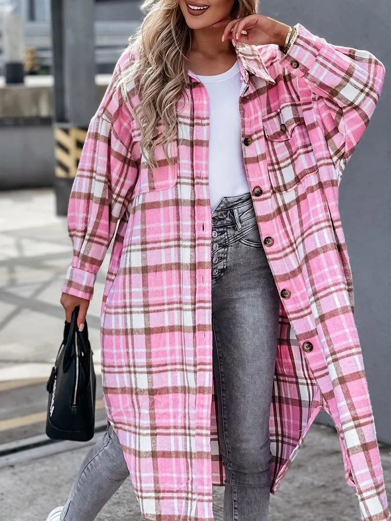 Wool Blend Longline Plaid Shacket Long Checked Overcoat