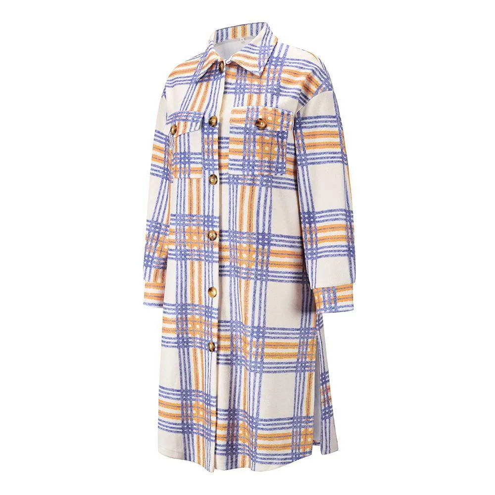 Wool Blend Longline Plaid Shacket Long Checked Overcoat