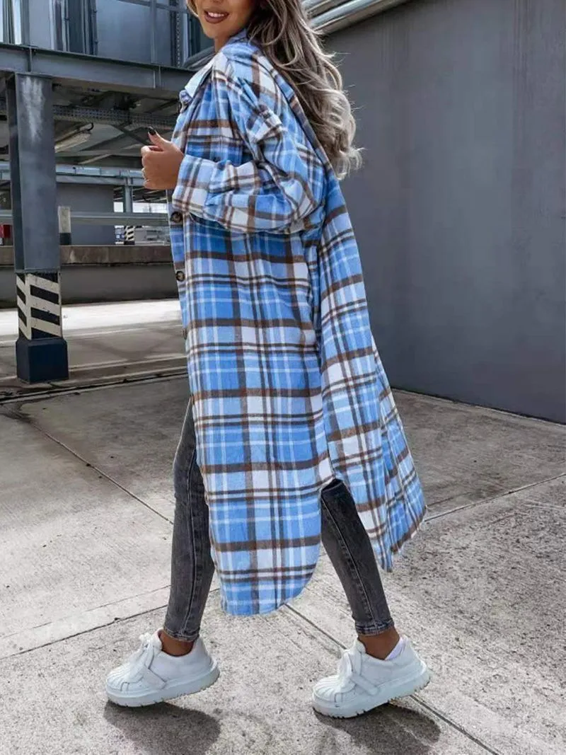 Wool Blend Longline Plaid Shacket Long Checked Overcoat