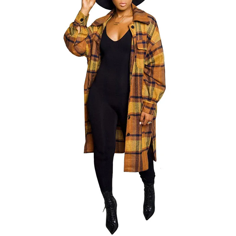 Wool Blend Longline Plaid Shacket Long Checked Overcoat