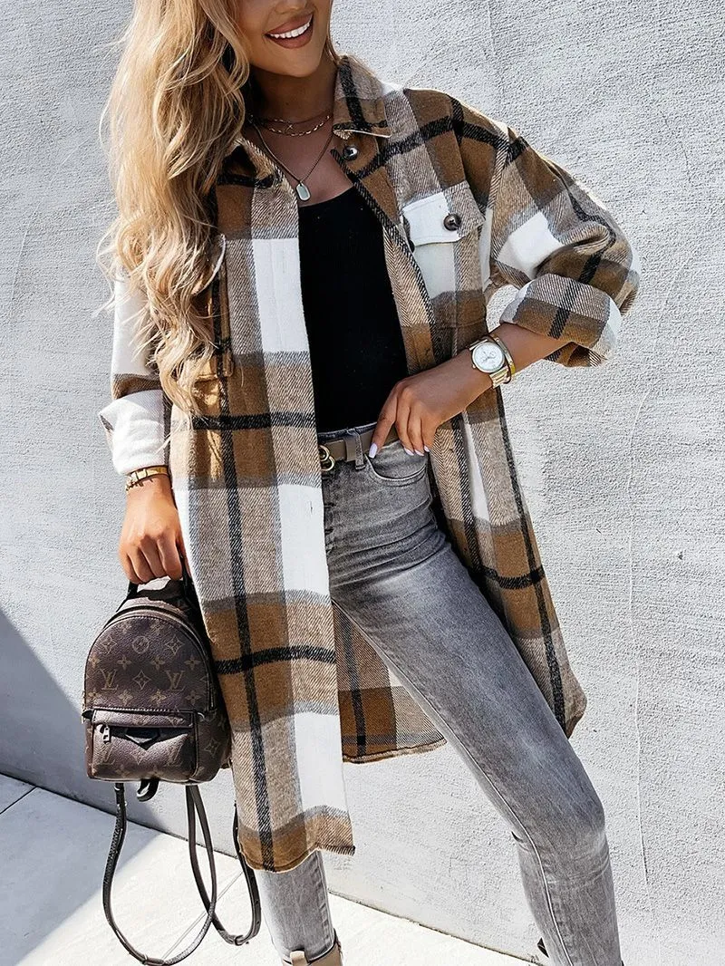 Wool Blend Longline Plaid Shacket Long Checked Overcoat