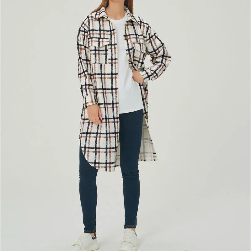 Wool Blend Longline Plaid Shacket Long Checked Overcoat