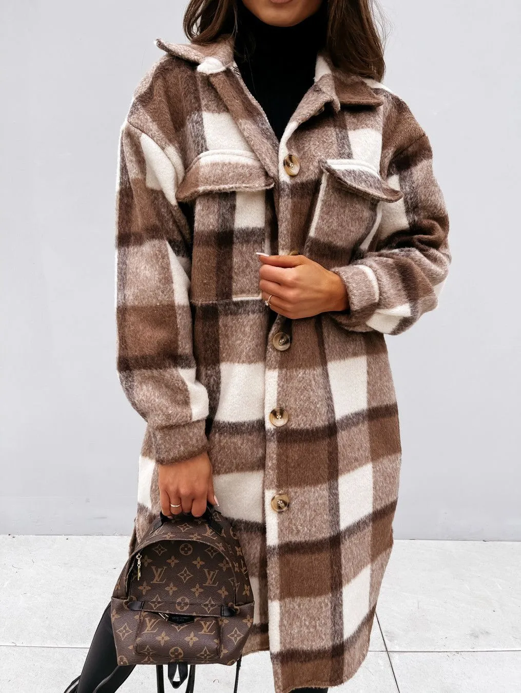 Wool Blend Longline Plaid Shacket Long Checked Overcoat