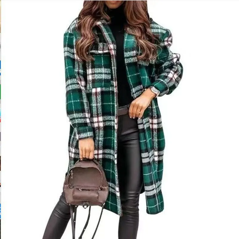 Wool Blend Longline Plaid Shacket Long Checked Overcoat