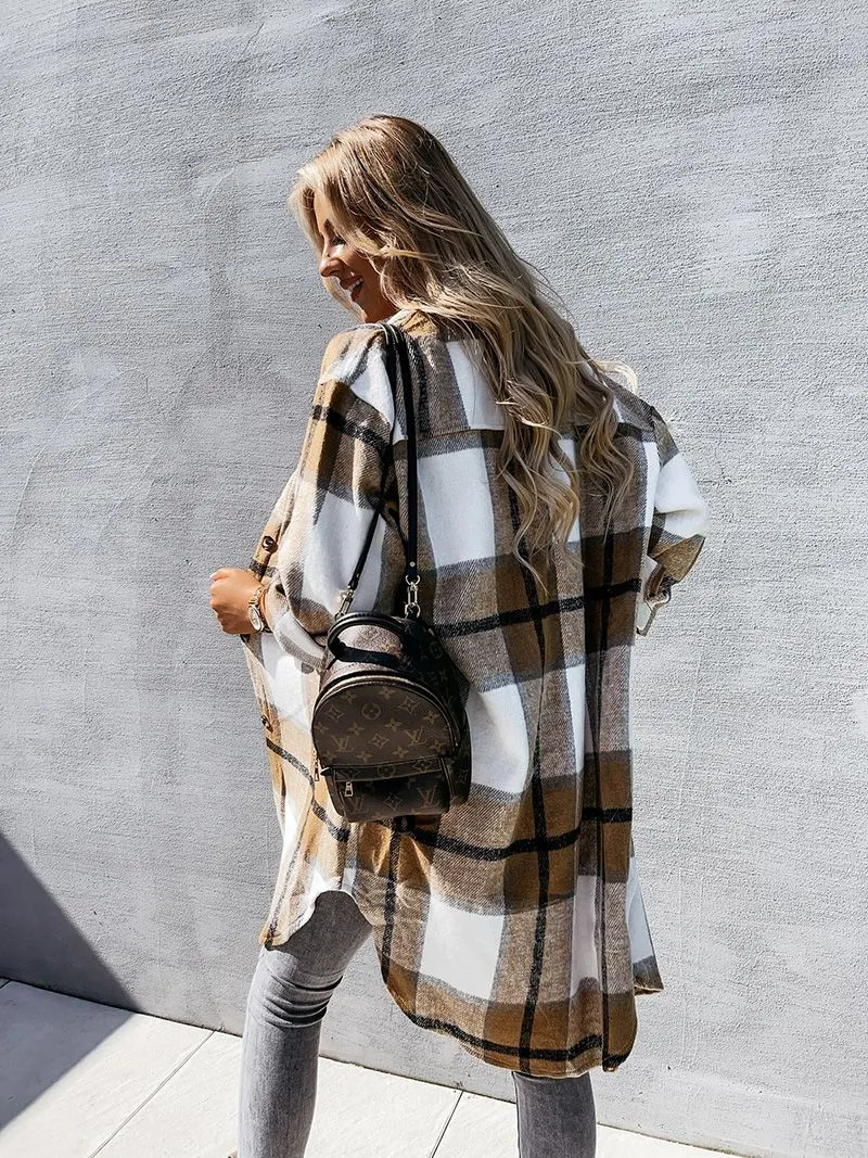 Wool Blend Longline Plaid Shacket Long Checked Overcoat