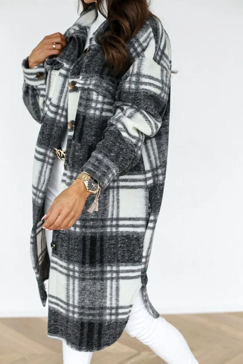 Wool Blend Longline Plaid Shacket Long Checked Overcoat