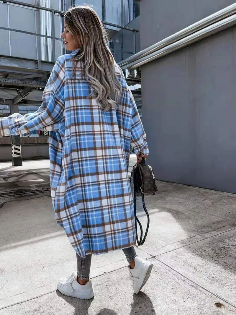 Wool Blend Longline Plaid Shacket Long Checked Overcoat