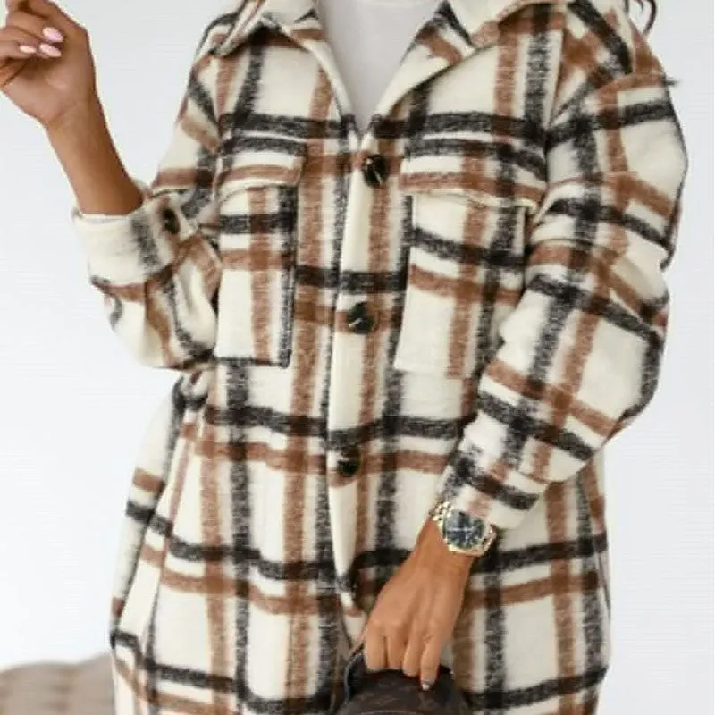 Wool Blend Longline Plaid Shacket Long Checked Overcoat