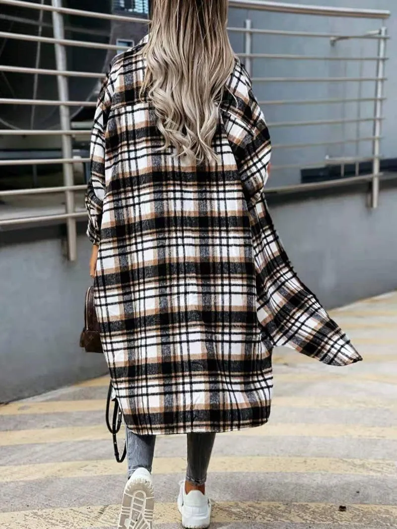 Wool Blend Longline Plaid Shacket Long Checked Overcoat