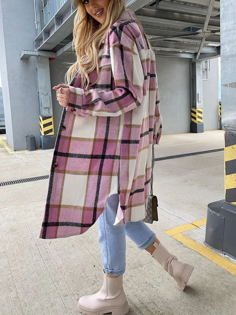 Wool Blend Longline Plaid Shacket Long Checked Overcoat