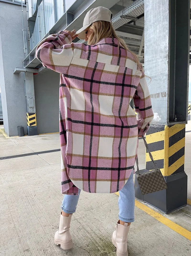 Wool Blend Longline Plaid Shacket Long Checked Overcoat