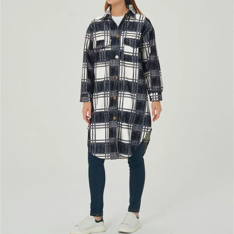 Wool Blend Longline Plaid Shacket Long Checked Overcoat