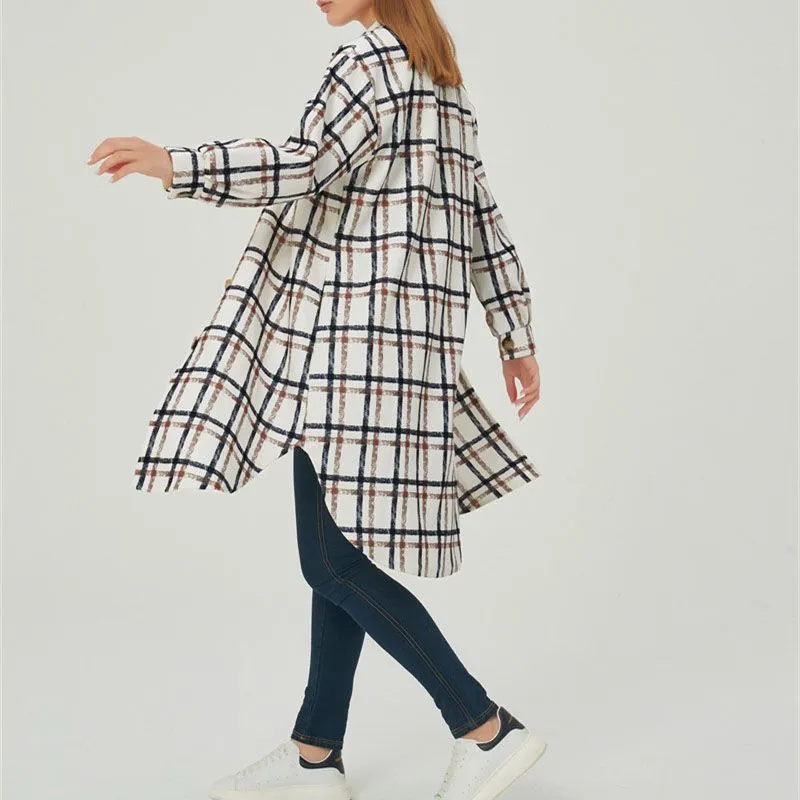 Wool Blend Longline Plaid Shacket Long Checked Overcoat