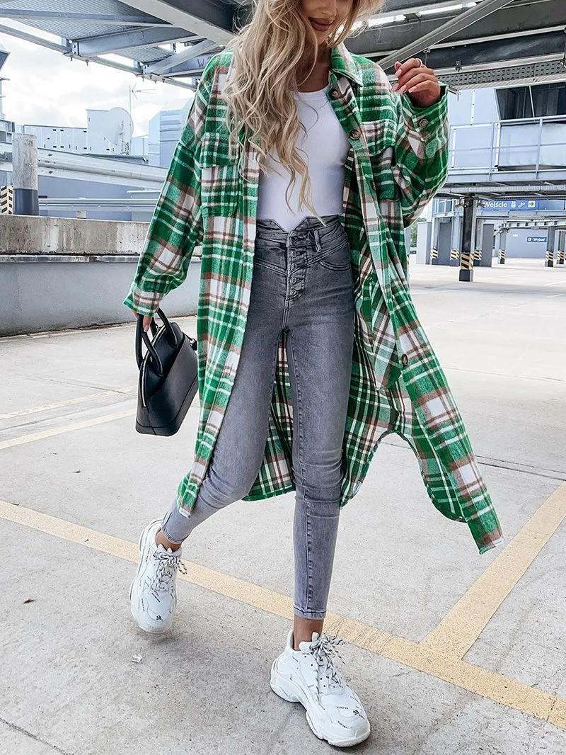 Wool Blend Longline Plaid Shacket Long Checked Overcoat