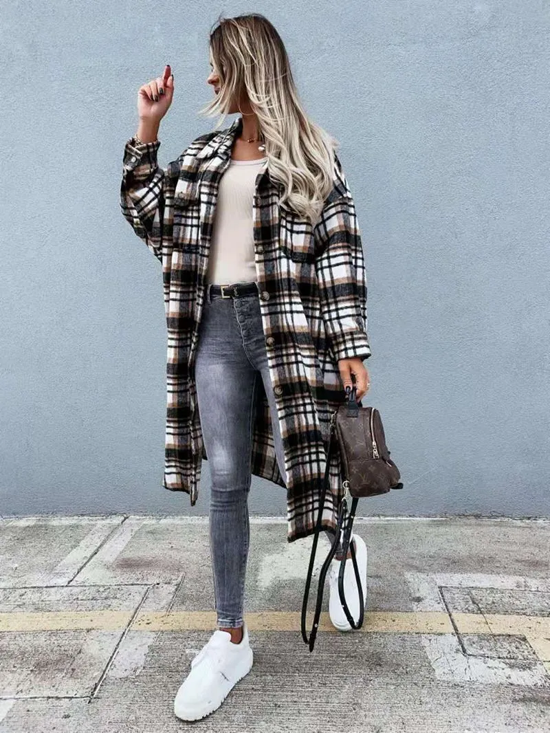 Wool Blend Longline Plaid Shacket Long Checked Overcoat