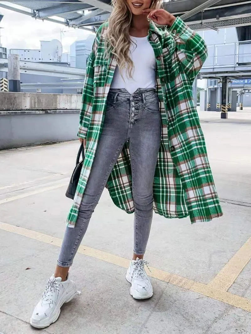 Wool Blend Longline Plaid Shacket Long Checked Overcoat