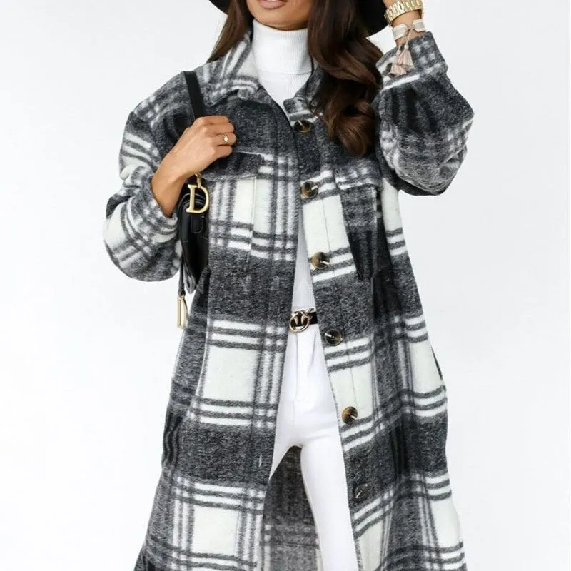 Wool Blend Longline Plaid Shacket Long Checked Overcoat