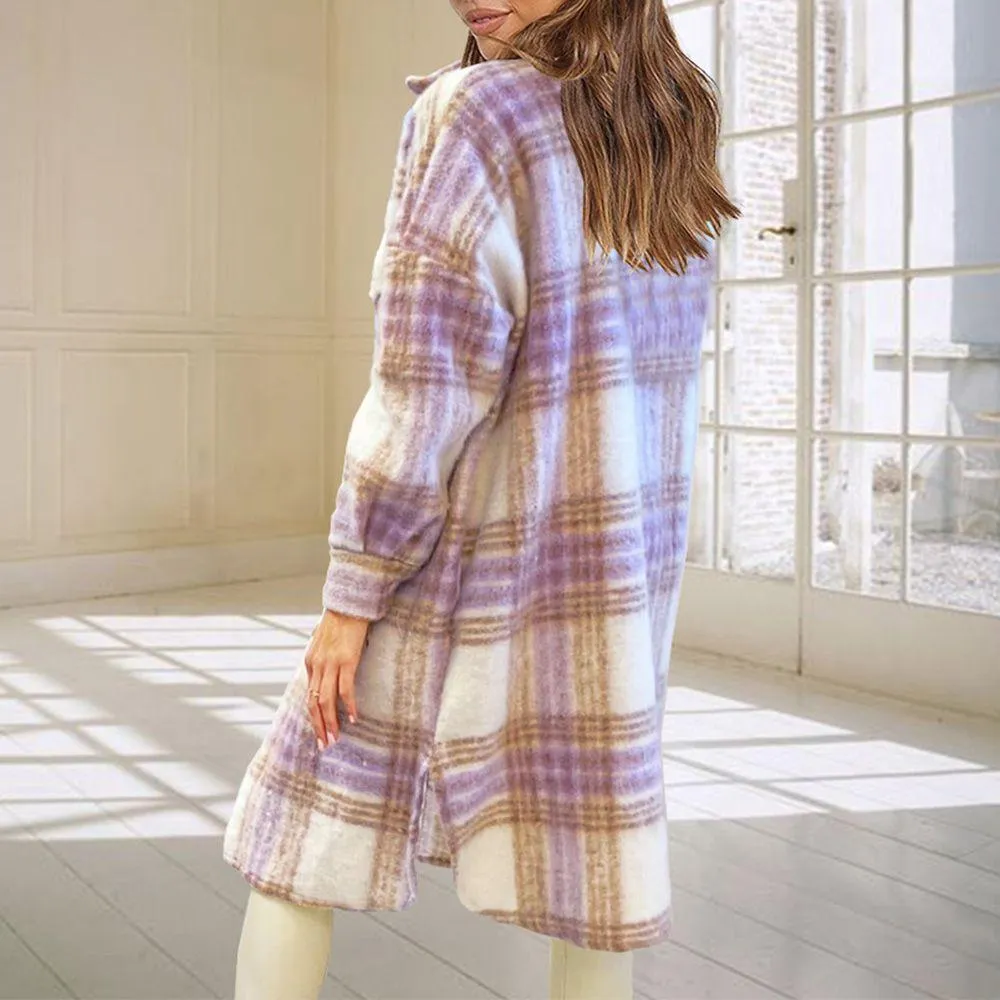 Wool Blend Longline Plaid Shacket Long Checked Overcoat