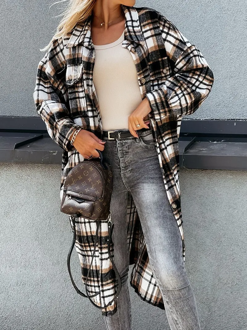 Wool Blend Longline Plaid Shacket Long Checked Overcoat