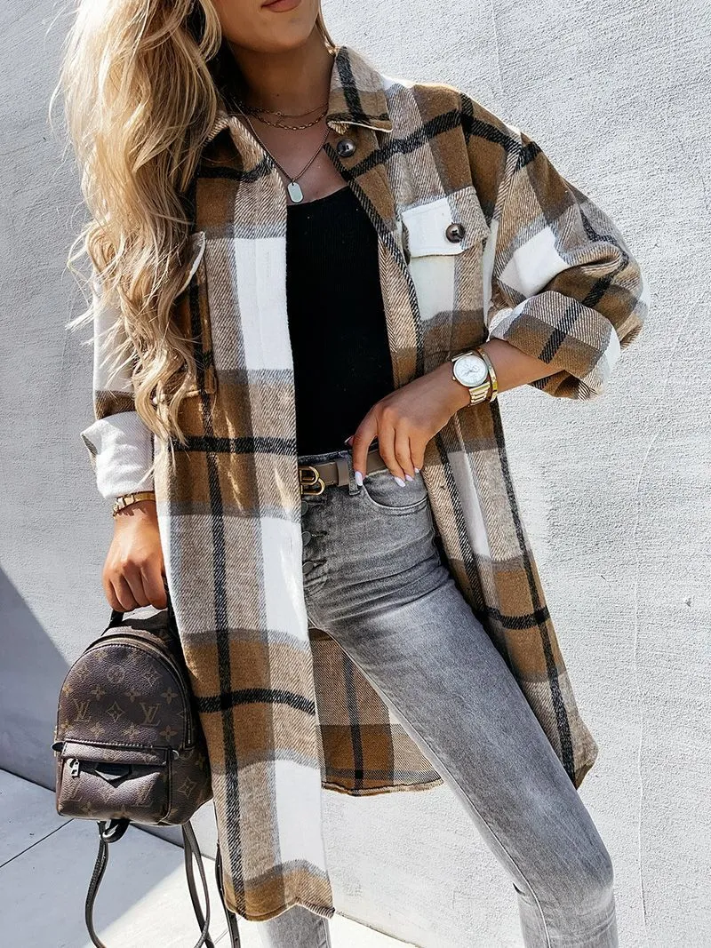 Wool Blend Longline Plaid Shacket Long Checked Overcoat