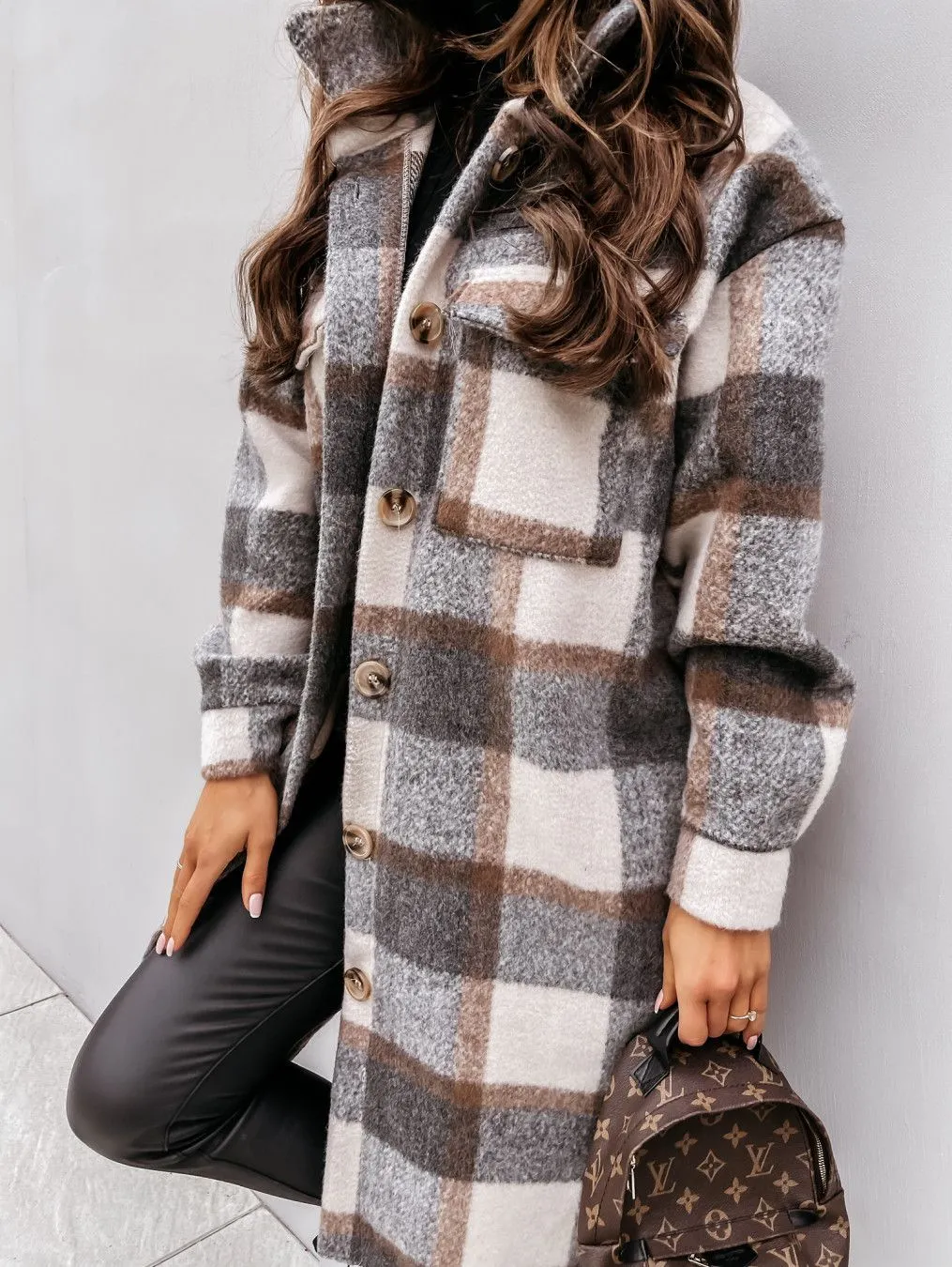 Wool Blend Longline Plaid Shacket Long Checked Overcoat