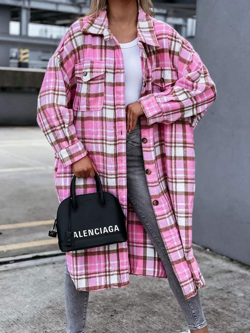 Wool Blend Longline Plaid Shacket Long Checked Overcoat