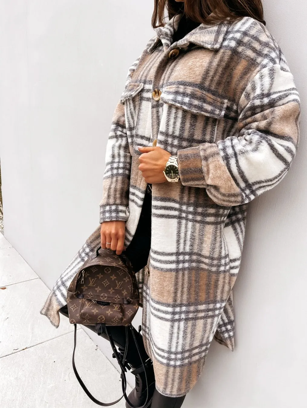 Wool Blend Longline Plaid Shacket Long Checked Overcoat