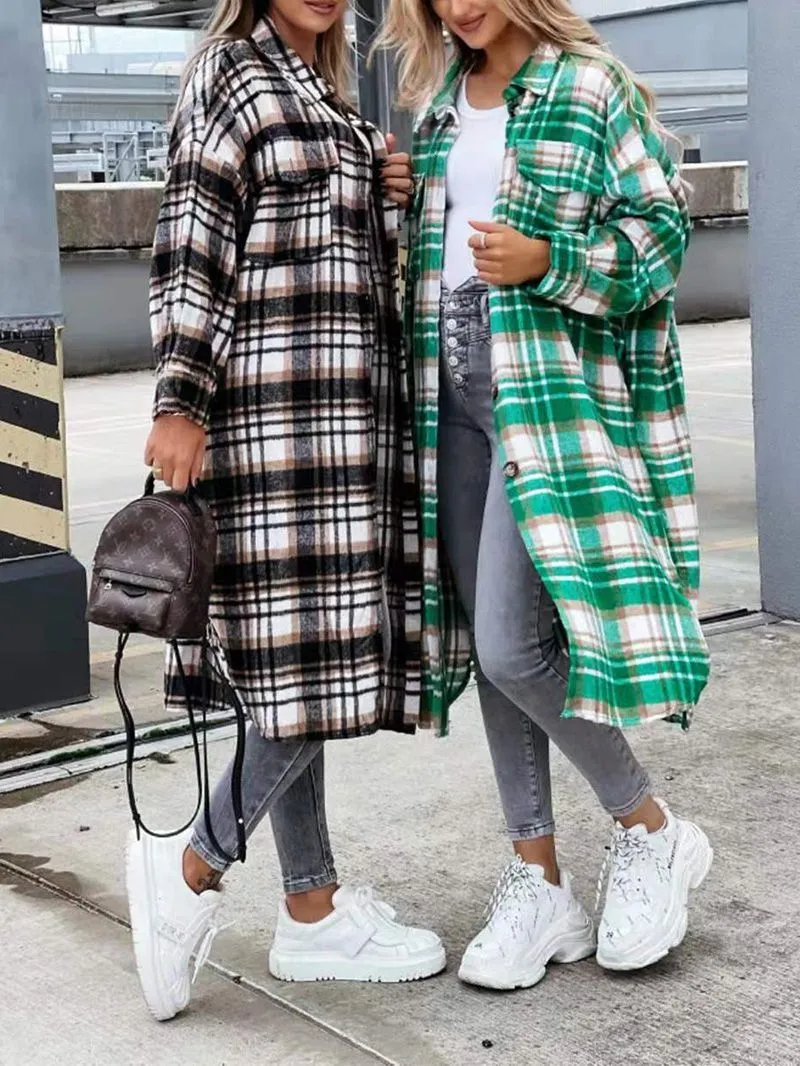 Wool Blend Longline Plaid Shacket Long Checked Overcoat