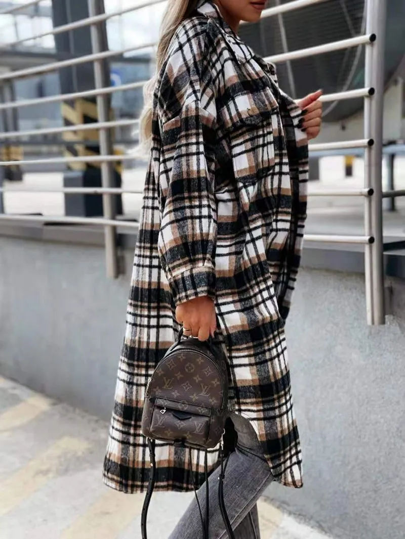 Wool Blend Longline Plaid Shacket Long Checked Overcoat