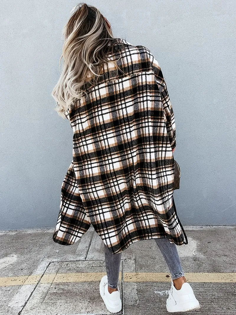 Wool Blend Longline Plaid Shacket Long Checked Overcoat