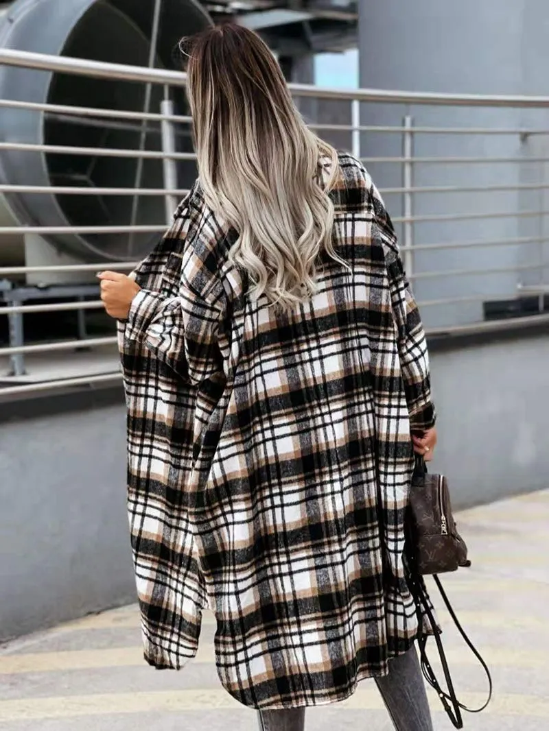 Wool Blend Longline Plaid Shacket Long Checked Overcoat