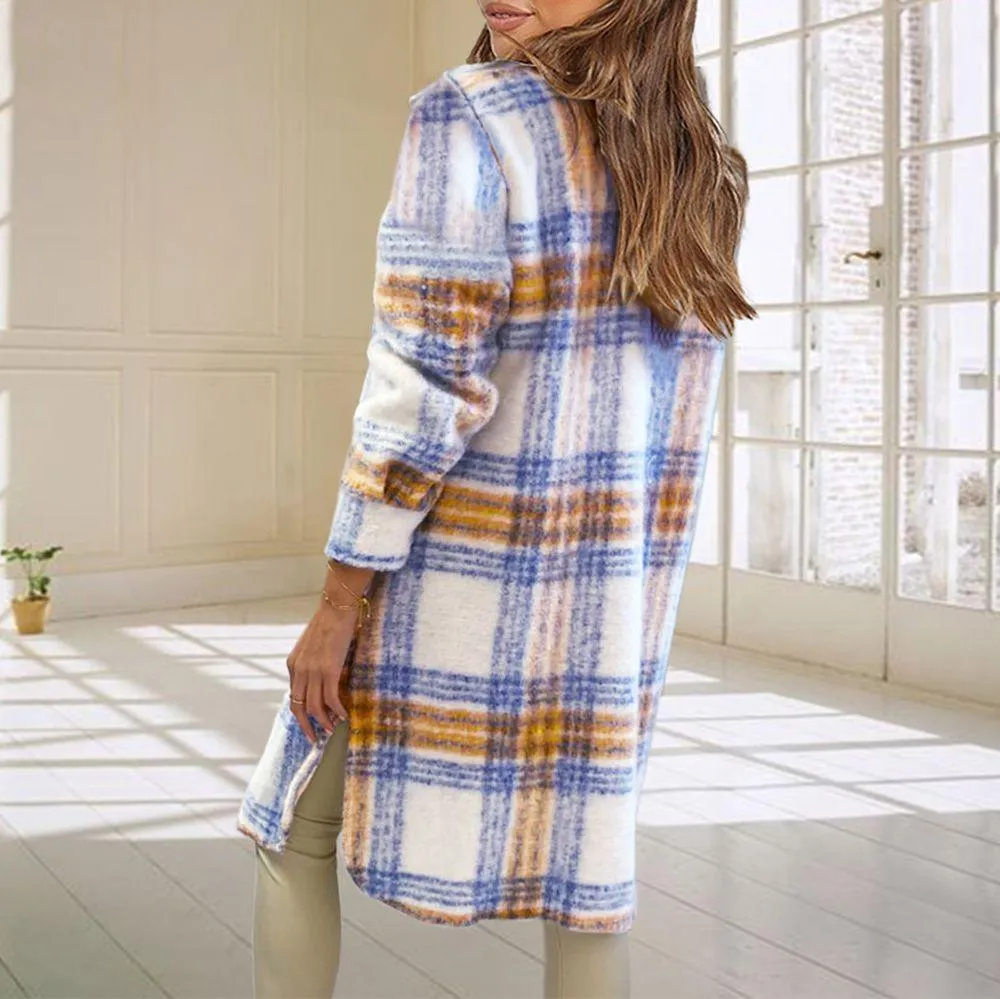 Wool Blend Longline Plaid Shacket Long Checked Overcoat