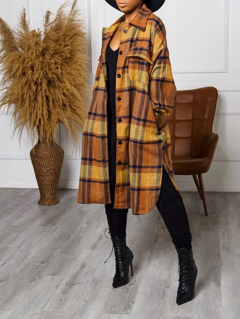 Wool Blend Longline Plaid Shacket Long Checked Overcoat