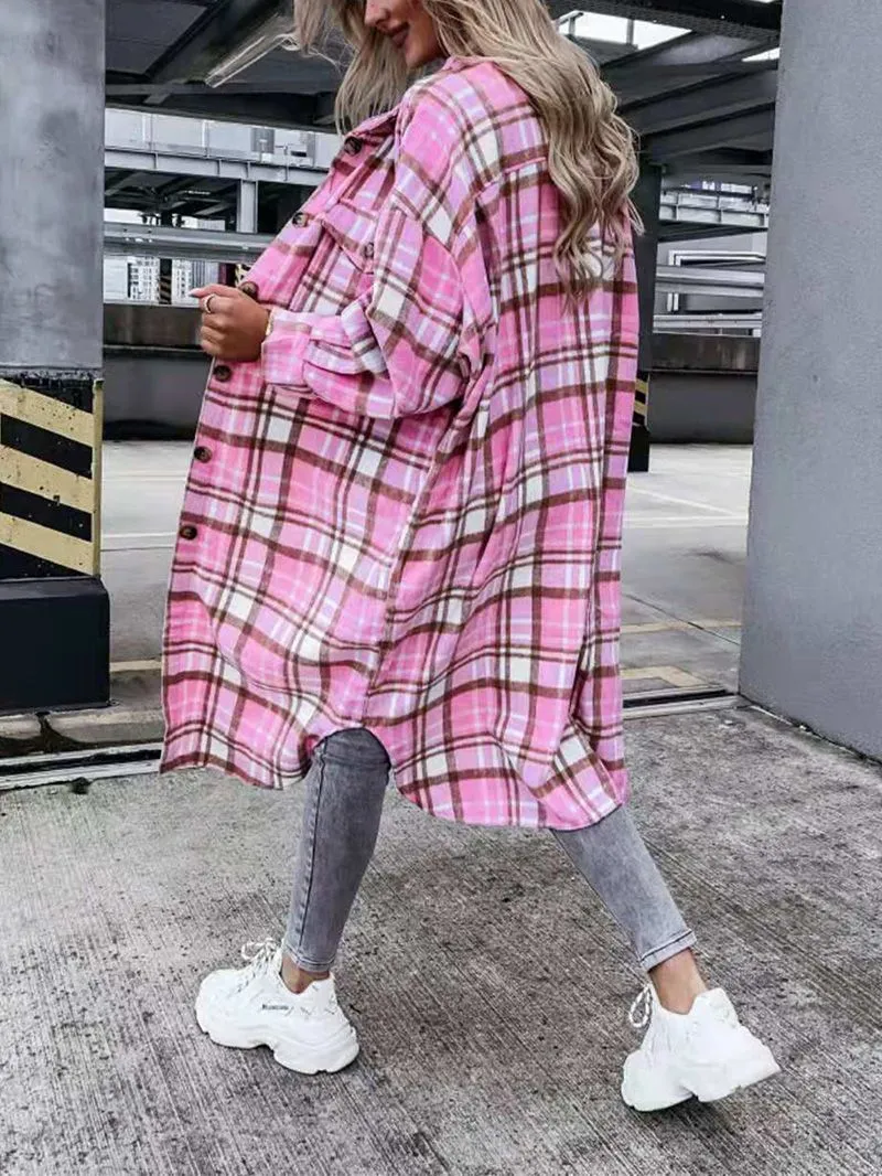 Wool Blend Longline Plaid Shacket Long Checked Overcoat